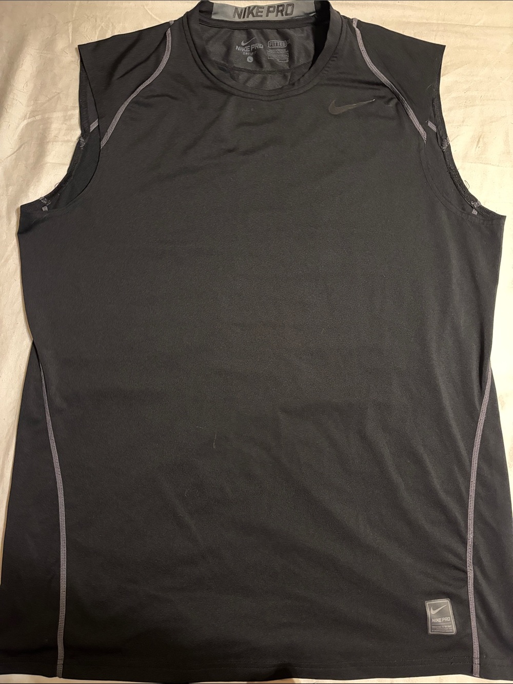 Men’s Nike Pro Dri fit Black Sleeveless Compression Tank w/ Gray Stitching Large
